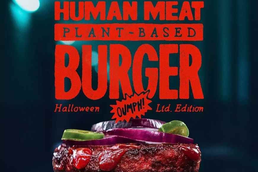 Especial para Halloween, ¡Ay! ¡Creé una hamburguesa vegana a base de plantas que sabe a carne humana! Esta hamburguesa, producida sólo una vez, contenía un mensaje que cuestionaba el hecho de que las fuentes de alimentación de las personas se basan principalmente en animales... ¡Especial para Halloween, Oumph! ¡Creé una hamburguesa vegana a base de plantas que sabe a carne humana! Esta hamburguesa, producida sólo una vez, contenía un mensaje que cuestionaba el hecho de que las fuentes de aliment